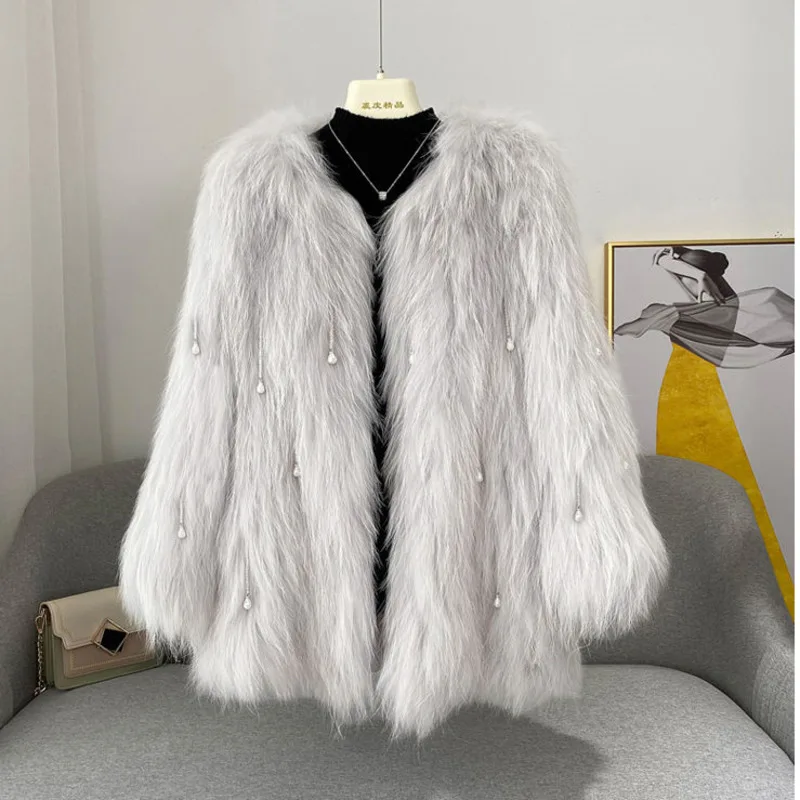 2022 Celebrities Fashion New Imitation Fur Coat Women Light Luxury Feather Pearl Pendant Medium Long Faux Fur Cardigan Jacket