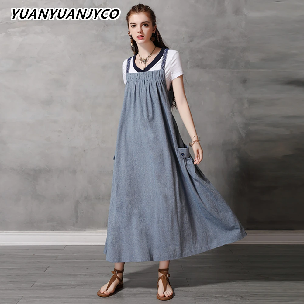 

YUANYUANJYCO Summer Women Ankle-Length Casual Denim Dresses LYQ53 Vintage Loose Spaghetti Strap Sleeveless Long Maxi Clothes