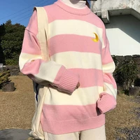 japanese korean college style womens sweaters kawaii moon design embroidery sweater female harajuku candy color striped pullove