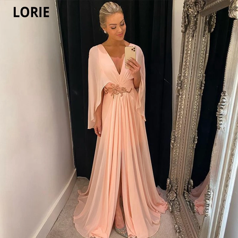 

Lorie A-line Long Puff Sleeves Chiffon Prom Dresses Appliques Lace V-Neck Split Side Evening Gowns Plus Size Women Dress 2021