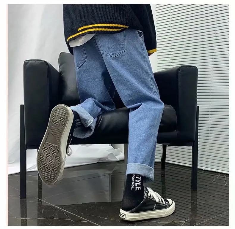 

Elastic Broek Mouth Kpop Clothing Hip Hop Long Retro Jeans Men Loose Right Pipes Broek Elastic waist Boys Casual Man Male