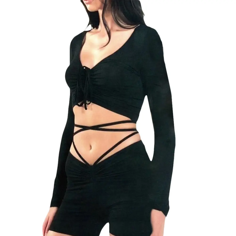 

Sexy Solid Drawstring Bandage V-neck Crop Tops and Shorts Matching Sets Vintage 90s Party Wear Ruched 2 Piece Set
