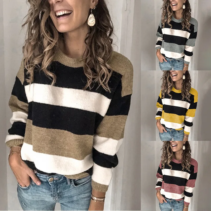 

Autumn Winter Striped Patchwork Color Mixing Long Sleeve Women's O-Neck Loose Sweater Women Casual Knitted Warm Pullover Top New