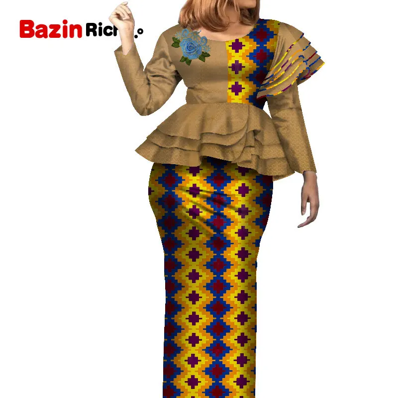 Fashion Patchwork Long Sleeve  Dashiki Skirt Suit African Bazin Fabric Plus Size African Women Skirt Set WY7905