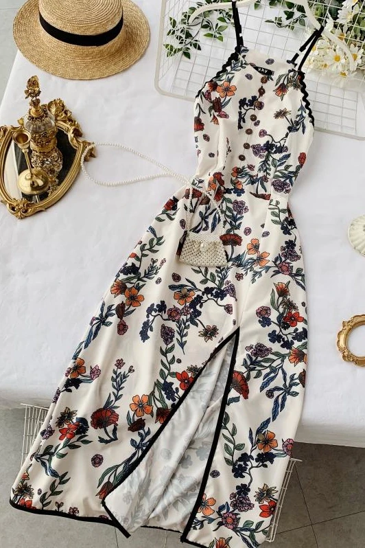 

2019 new fashion women's dresses Printed Slim Vintage Sexy Split Dress