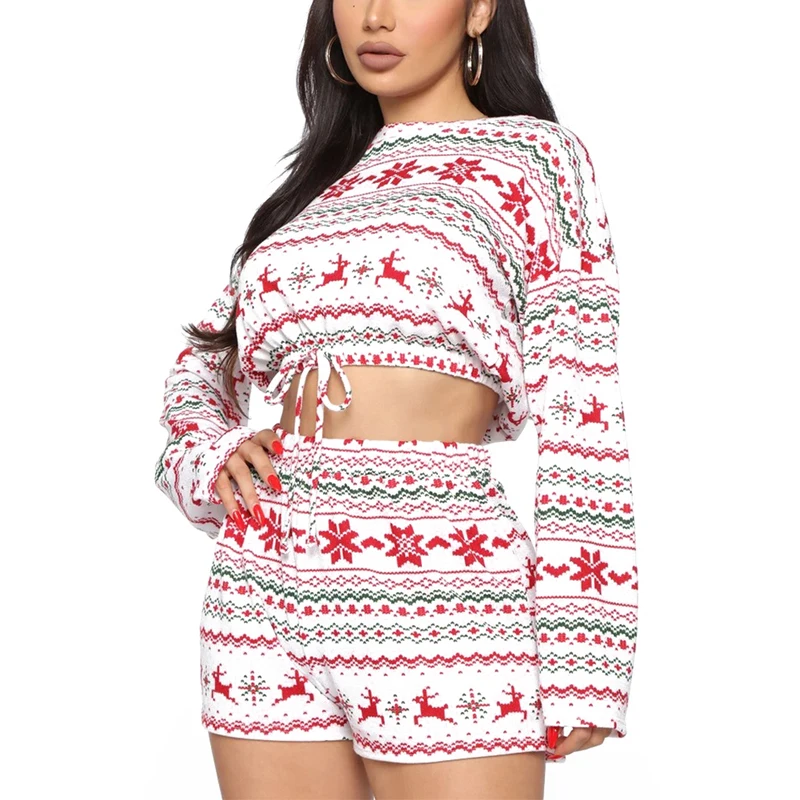 

Women Christmas Pajamas Sets Printed Full Length Regular Sleeve Round Neck Pullover Drawstring Decorated Top Shorts Set