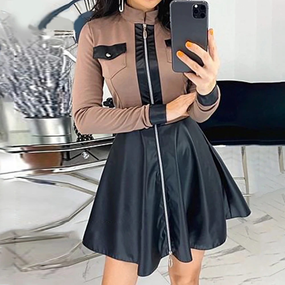 

woman dress Women Autumn A-Line Color Block Slim Zipper Faux Leather Short Dress One-piece vestido de mujer 2020