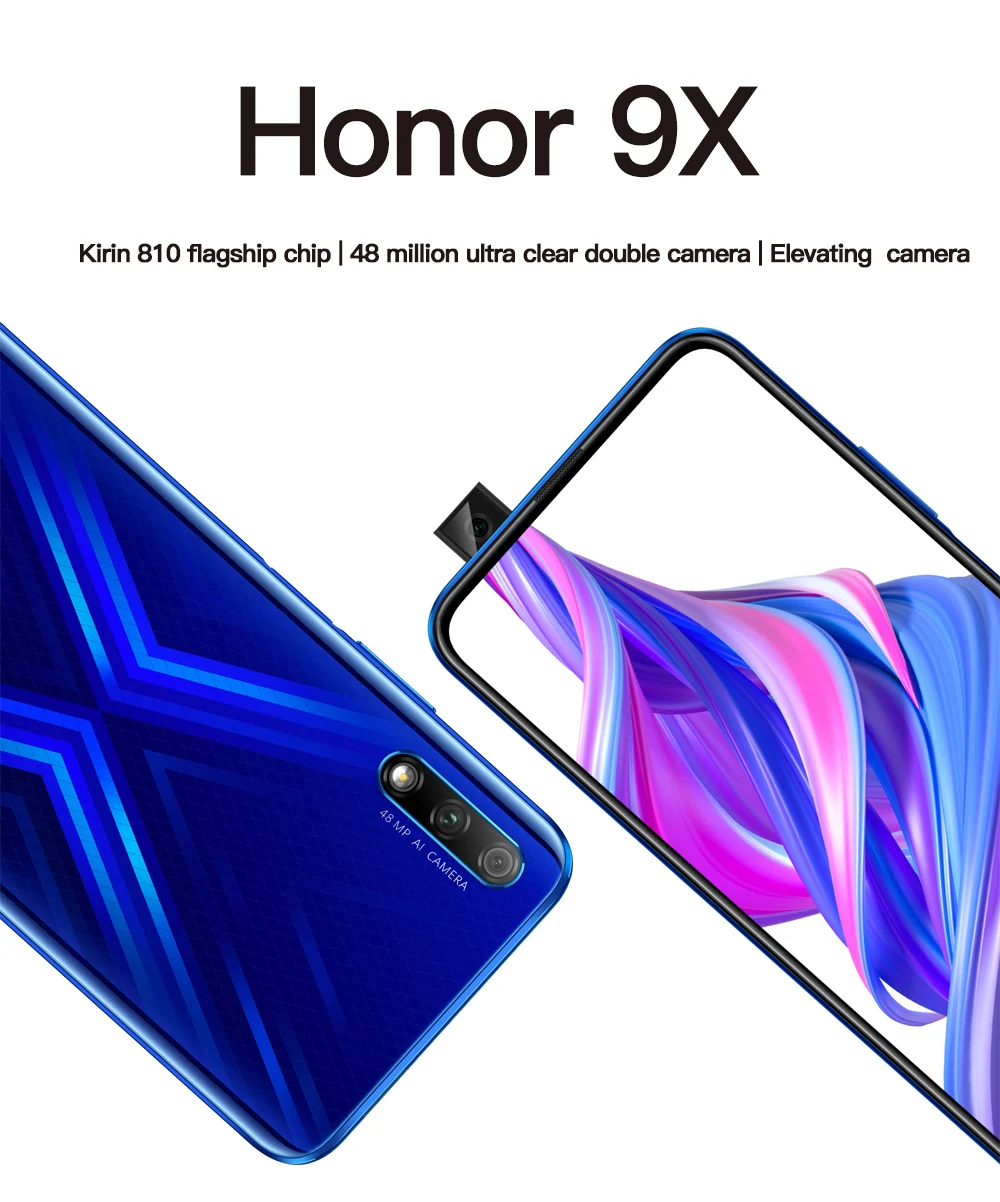 Honor 9X Global rom, 4 ГБ, 64 ГБ, 128 ГБ, 48 МП, две камеры, GPU Kirin 810, четыре ядра, 6,59 дюймов, FHD, полный экран, мобильный телефон, смартфон