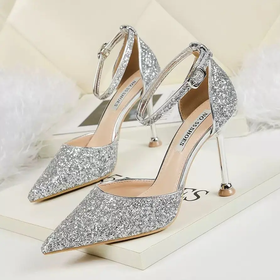 

2021 Fashion New Sexy Word with Sequined Stiletto Silver High Heels Crystal Banquet Sandals Wedding Shoes