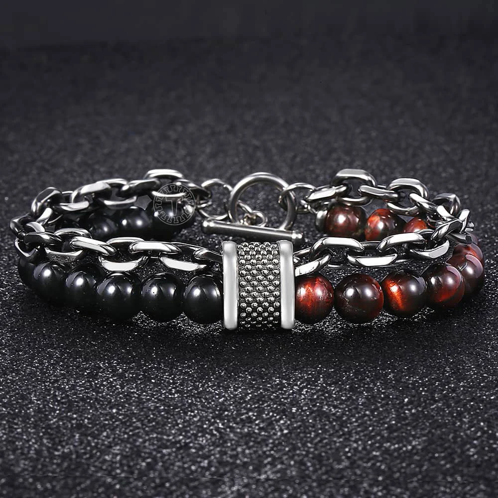 Davieslee Mens Bracelet Red Tiger Eye Stone Beaded Black Glass Beads Gunmetal Stainless Steel Charm Jewelry DDB196 | Украшения и