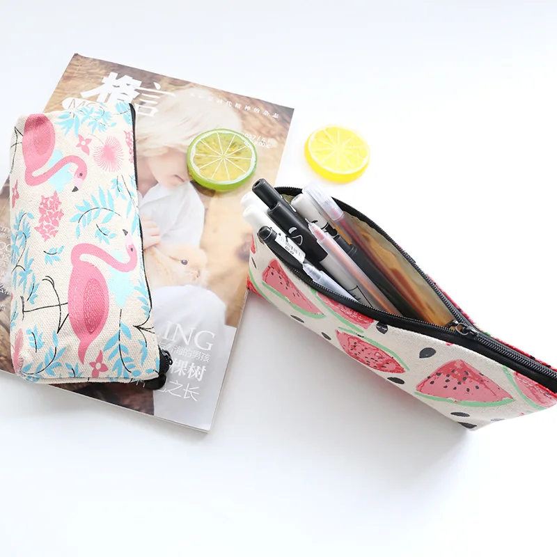 Фламинго Карандаш Чехол сумка арбуз ананас милый школьный тонких листов Kawai