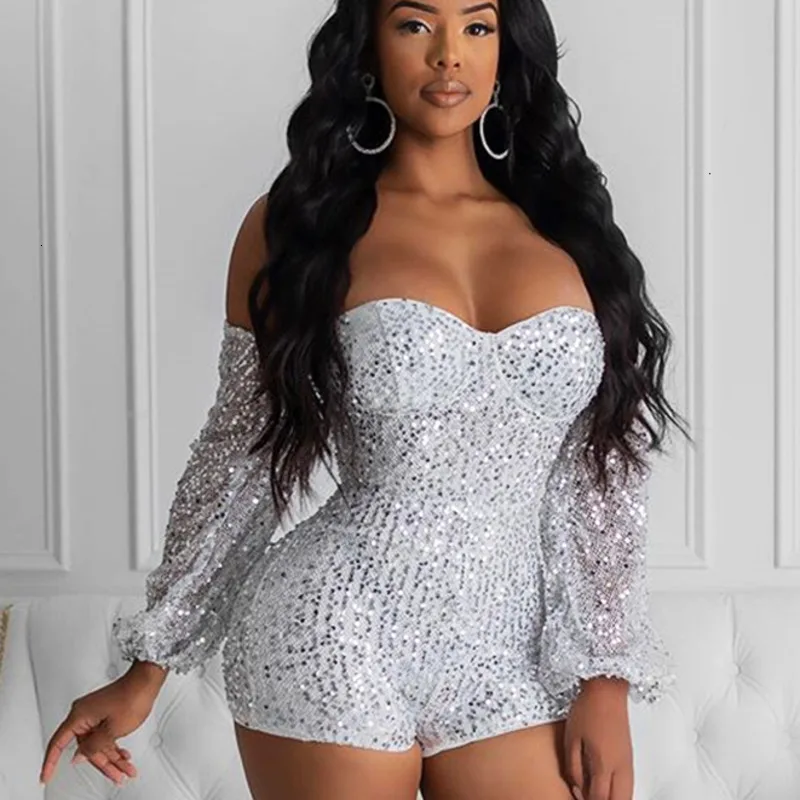 Feditch Off Shoulder Sequined Sexy Jumpsuit Women Club Wear Party Playsuit Gold Elegant Female Glitter Playsuit New Rompers