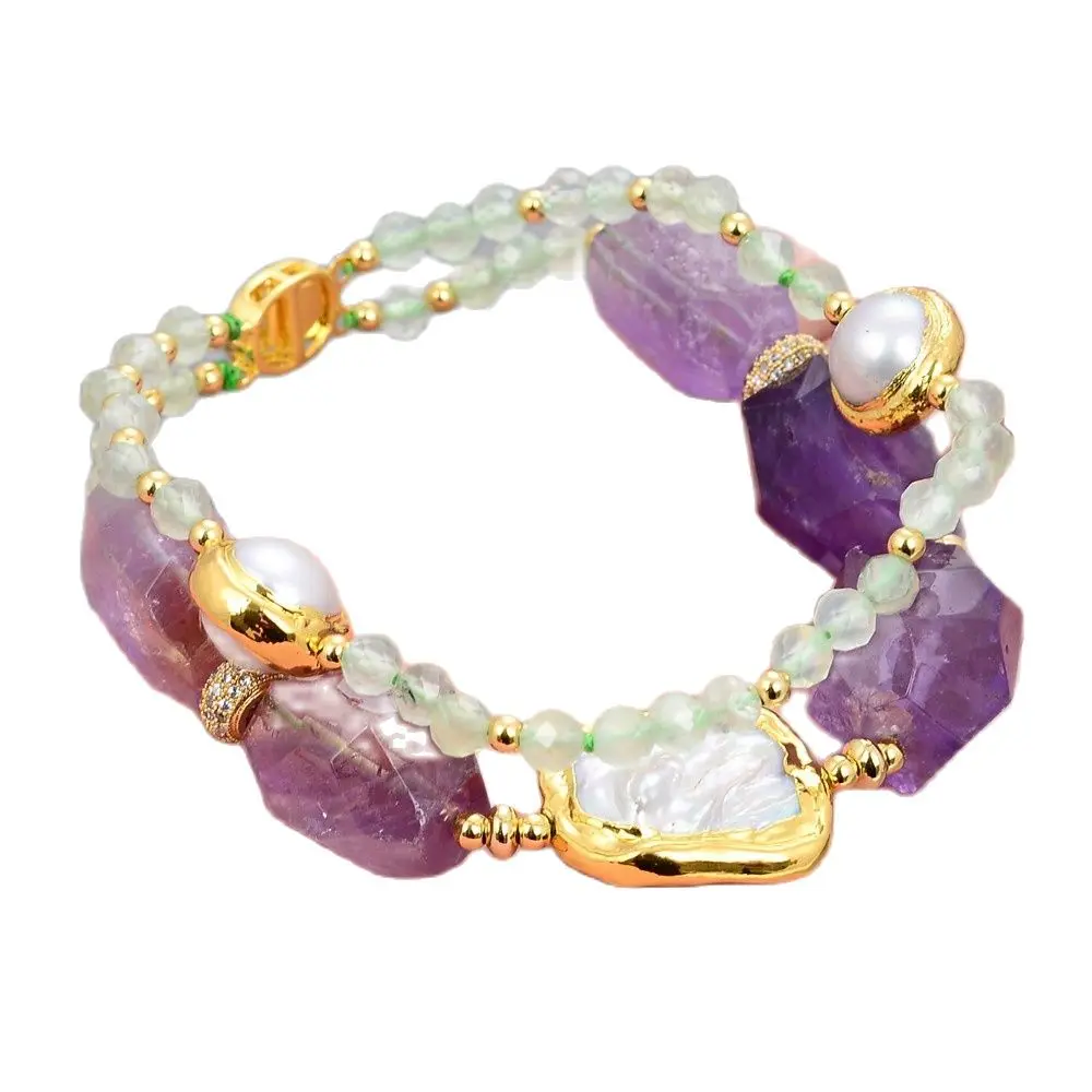 

GG Jewelry Natural Purple Amethyst Green Round Faceted Prehnite White Pearl Bracelet 8"