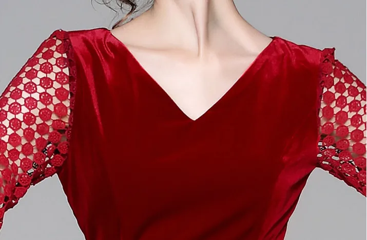 

BLLOCUE European and American women's new water soluble lace sleeve stitching velvet dress Winter party Red Dress