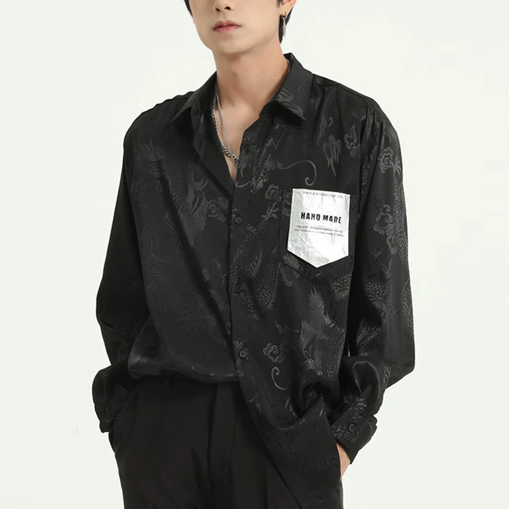 Korean Designed Men's Black Casual Shirt Blouse Men Fashions Harajuku Streetwear Clothing Hip Hop Long Sleeve Loose Shirt