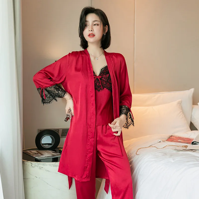 

Autumn New Red Lounge 5PCS Pajamas Suit Black Lace Satin Patchwork Sleepwear Sexy V-neck Strap Top&Pant Sweet Bow Home Wear