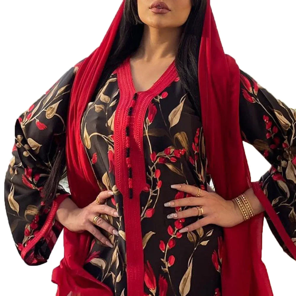 

2021 Summer New Muslim Fashion African Oversize Women's Dress Loose Casual Printing V-neck Long Sleeve Arabic Robe