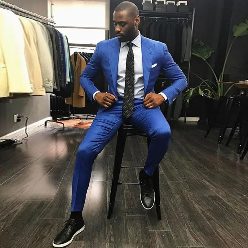 Royal Blue Pinstripe Slim Fit Mens Prom Suits Peaked Lapel Wedding For Men Tuxedos One Button Blazers Jacket And Pants | Мужская одежда