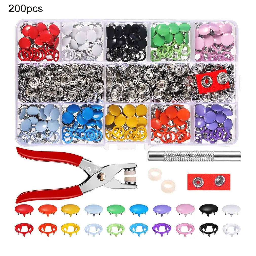 

200Sets Metal Snap Button Kit Snap On Buttons With Snap Fastener Tool For Sewing Clothing Leather Crafting 10 Colors 9.5mm