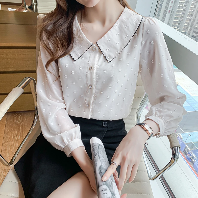 

Рубашка COIGARSAM, женские топы, осень 2021, шифоновые свободные женские рубашки с длинным рукавом и воротником «Питер Пэн»