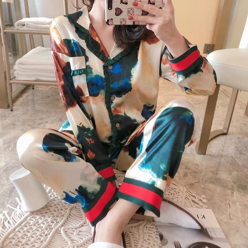 Пикантная пижама с принтом рубашки для сна комплект женских пижам свободная