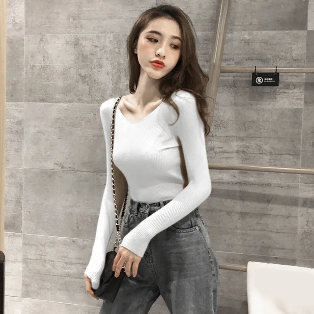 

Women'S Fashion V-Neck Knitted Long-Sleeve Slim Bottoming Shirt Slimming Sweater Top One Size