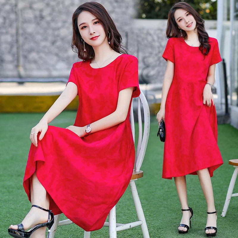 

New Women Elegant Floral Print Red Cotton Dress 5XL Middle-aged Ladies Short Sleeve Mother Loose Dress Female Vestidos Clothes