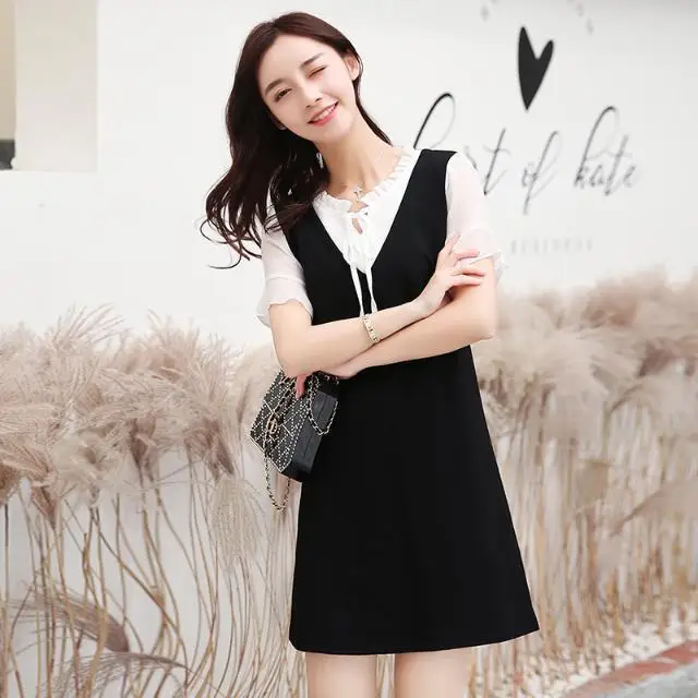 

For Summer Women's Dress Bow Collar Butterfly Sleeve A-Line Women's Dress Black White Patchwork Fashion Ladies Skirt SS3287
