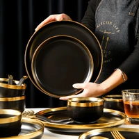 1 6 person use tableware set black ceramic plates and bowls set dinnerware set with dish bowl dessert plate steak plate