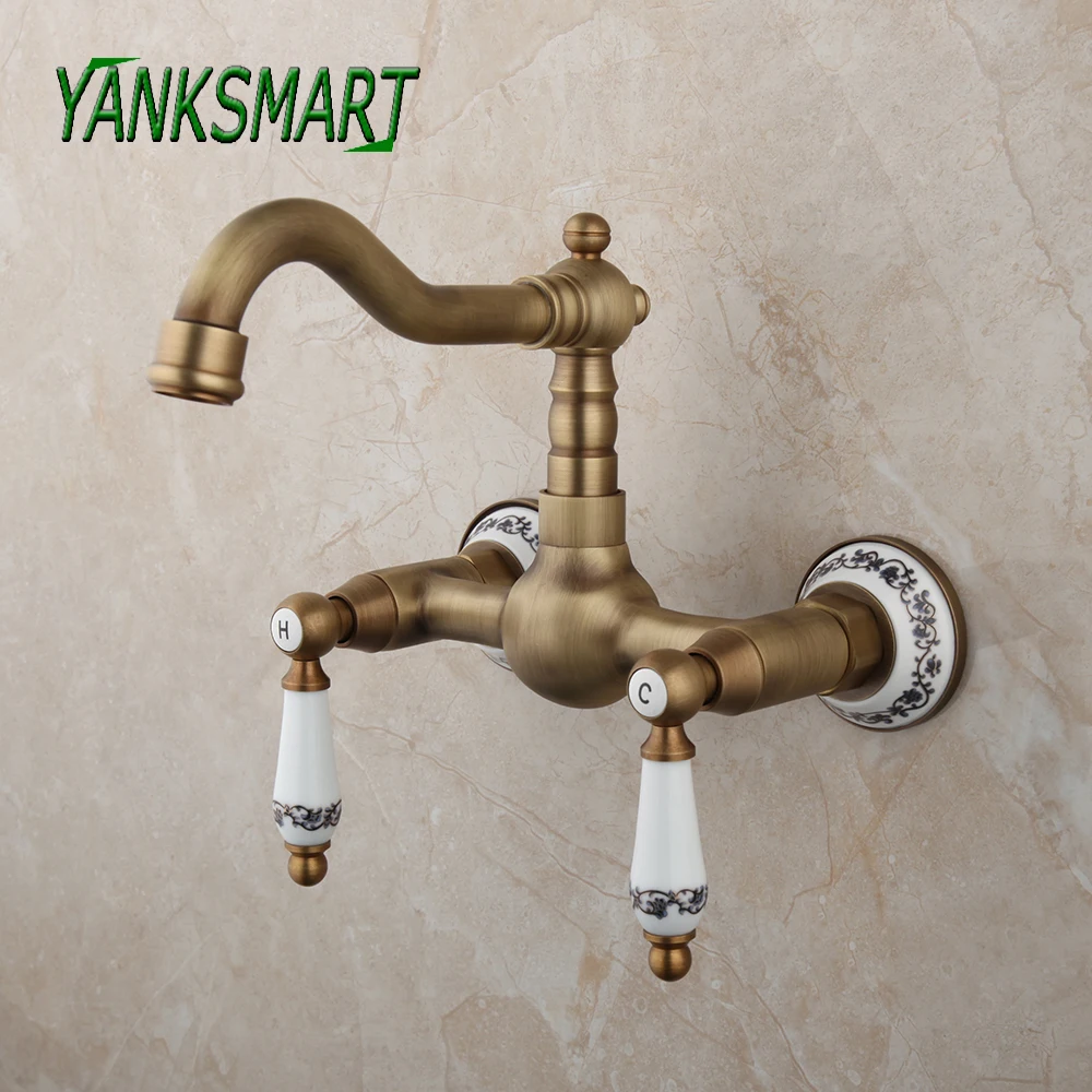 

YANKSMART Antique Brass 360 Swivel Bathroom Faucet Wall Mounted Basin Sink Bathtub Faucets Ceramic Dual Handle Mixer Water Tap
