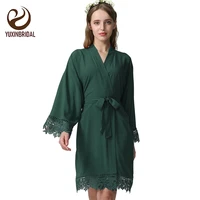 yuxinbridal dark green rayon new solid cotton kimono robes with lace trim women wedding bridal robe short belt bathrobe