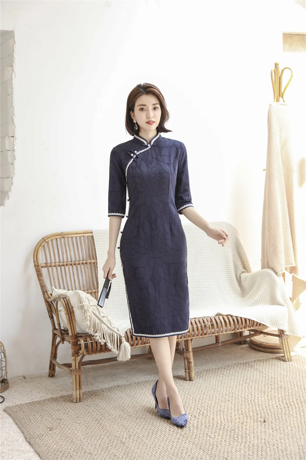 Шанхай история Половина рукава по колено cheongsam платье хлопок лен Винтаж Ципао китайское платье китайский стиль платье для женщин
