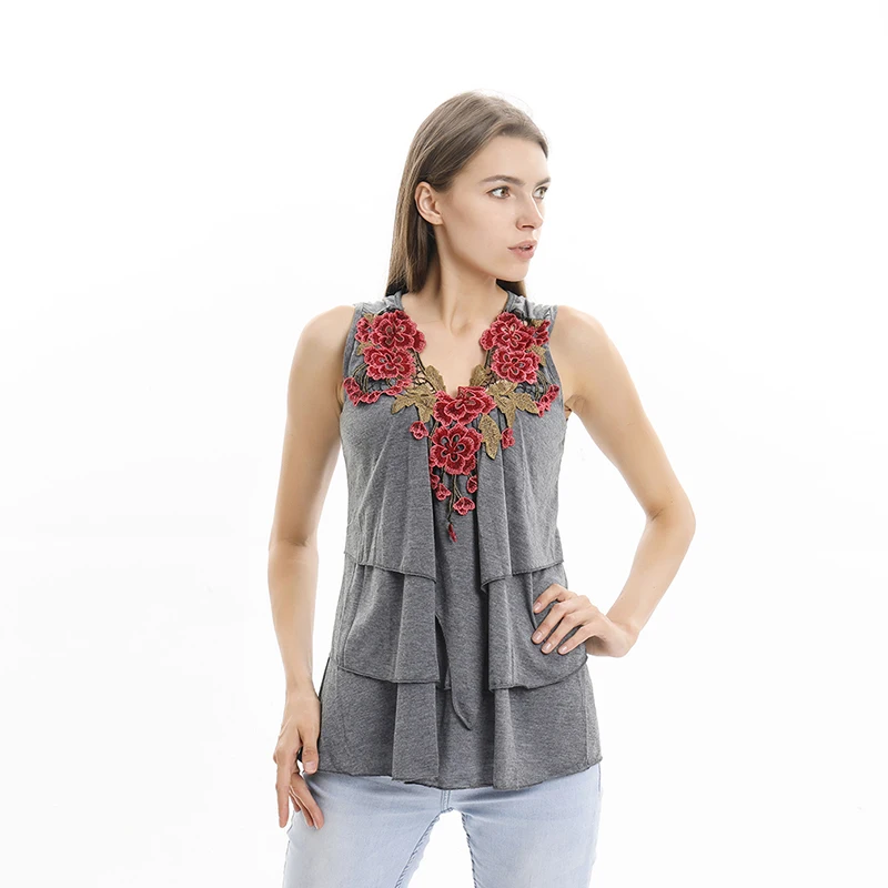 2019 Лето Плюс Размер майка Мода Женщины без рукавов v образным вырезом Роза