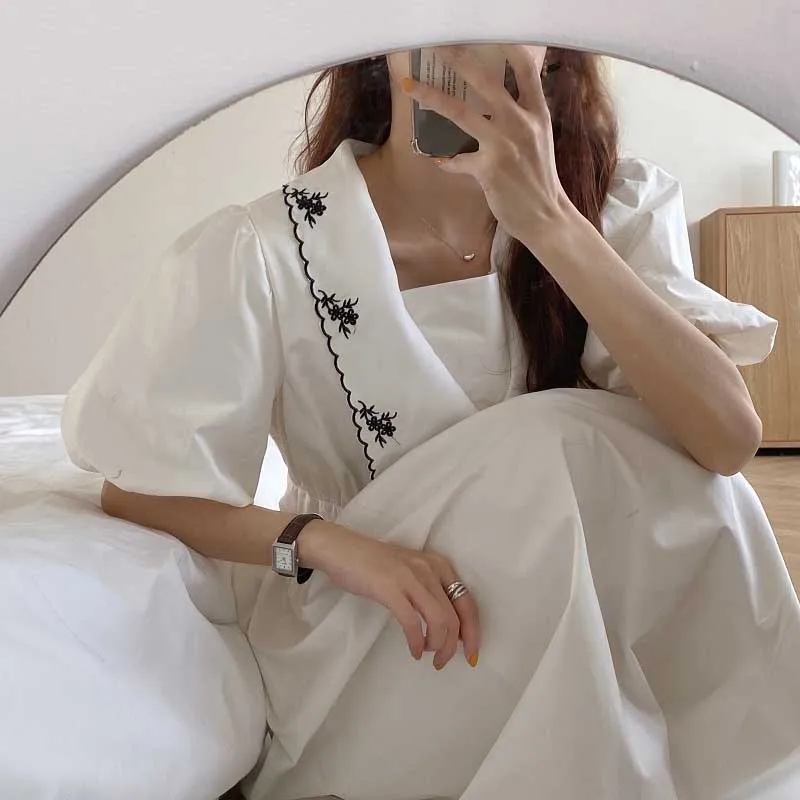 Женское платье с вышивкой во французском стиле длинное хлопковое винтажное в