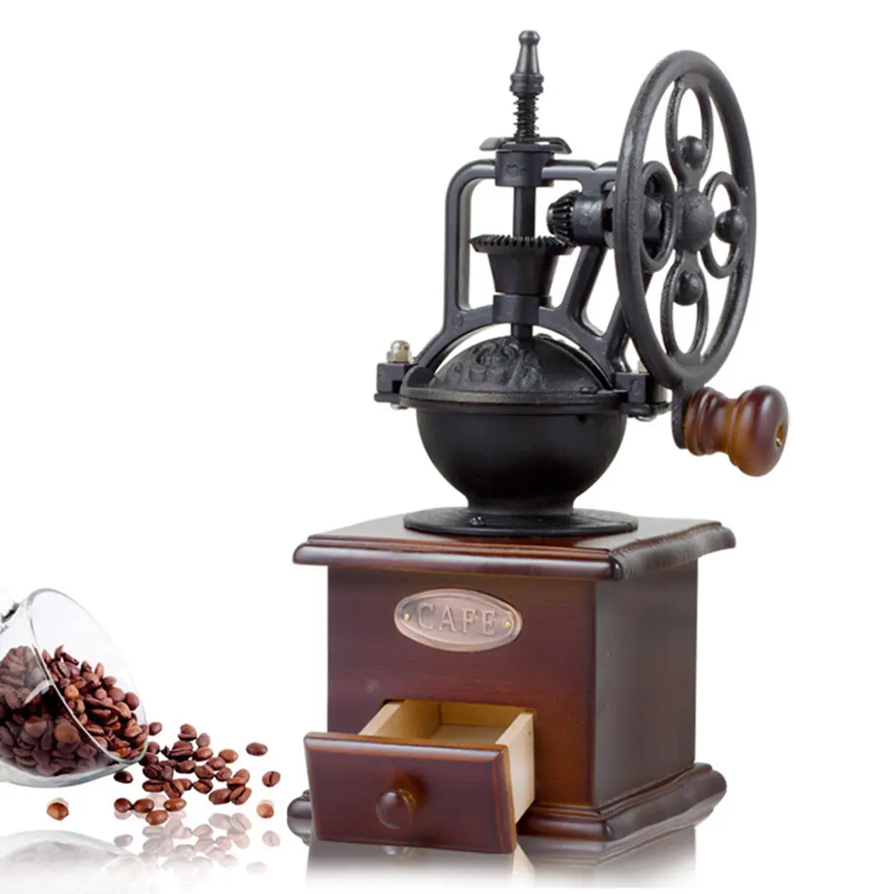 Классическая деревянная ручная кофемолка из чугуна ручной работы в стиле ретро