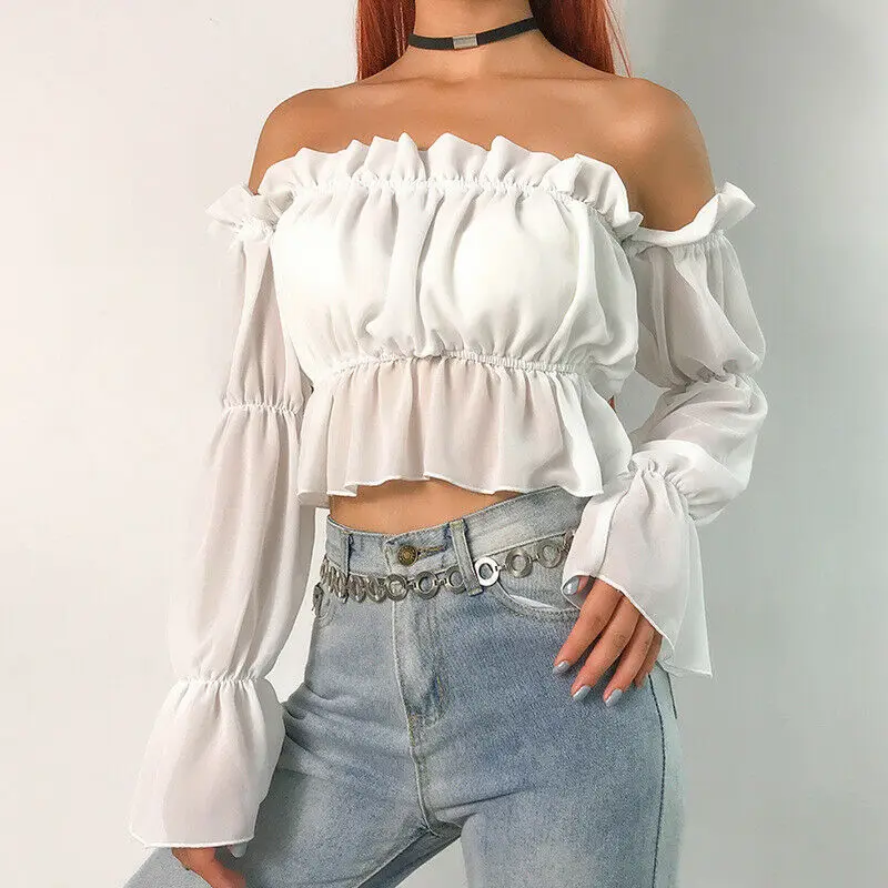 5 Colors Women Chiffon Off Shoulder Casual Summer Autumn Crop Top Blouse Shirts Female Casual Sexy Party Club Shirts Outfits