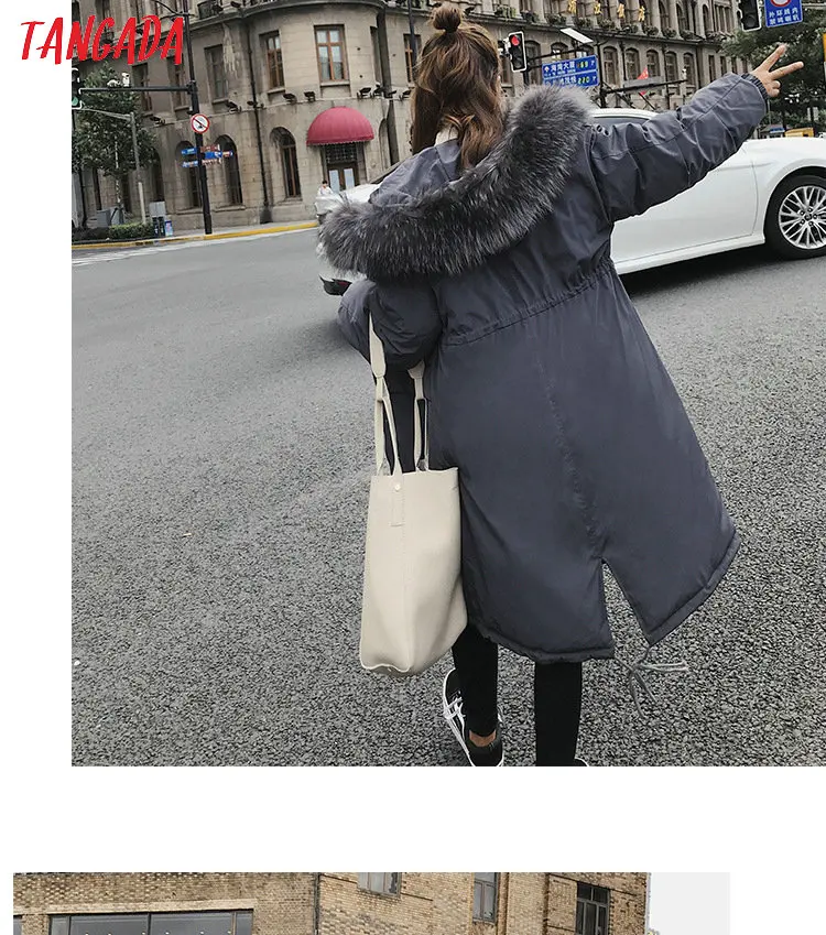 Tangada зимнее женское черное пальто с хлопковой подкладкой размера плюс 2XL длинная парка с меховым воротником пальто с капюшоном теплая верхняя одежда AMK11