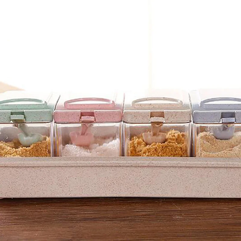 Четырёхячейка кухонный Органайзер хранилище Box специи приправы банка Пшеничная