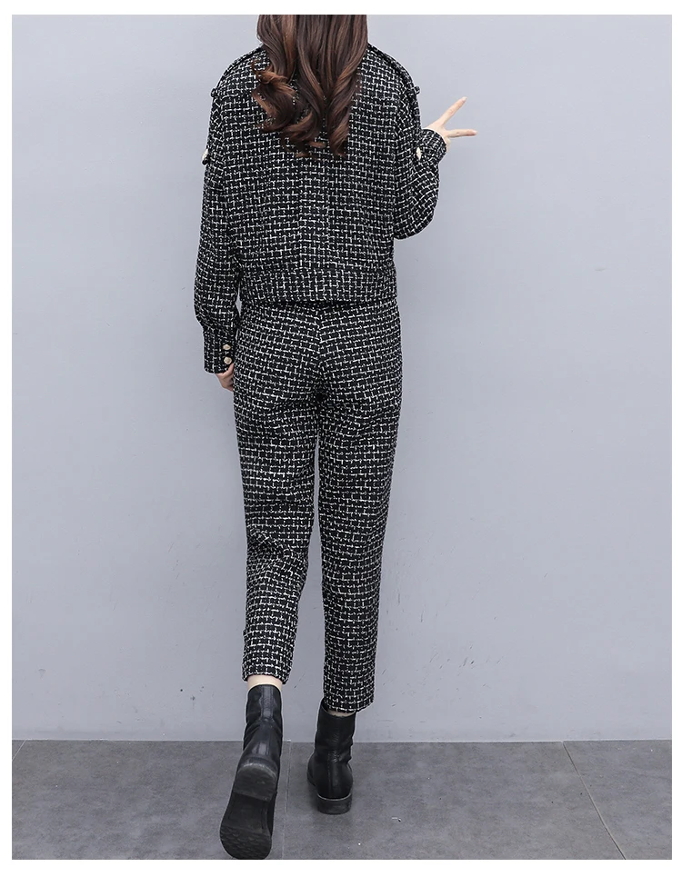 

Fashion Tweed Two Piece Pants Sets Women Zip Up Coat + Ankle-length Pants Outfits Vintage Elegant Ladies Suits Sets Femme 2020