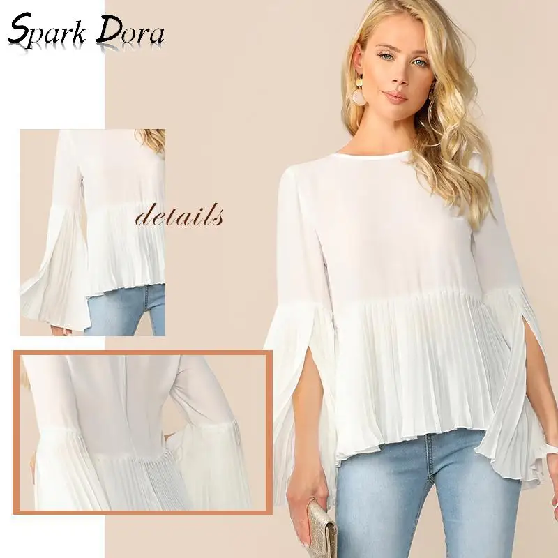 

SparkDora Solid Zip Back Split Sleeve Pleated Top Women 2019 Summer Elegant Flounce Sleeve Blouses Ladies Casual White Blouse