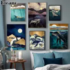 Плакат с голубым и золотым Китом, животные, принты, пейзаж, абстрактное искусство, холст, живопись, внутреннее украшение для дома, Настенная картина