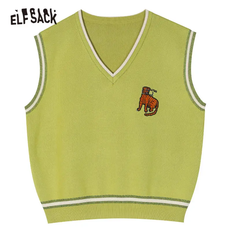 Женский трикотажный жилет ELFSACK зеленый Однотонный свитер с вышивкой тигра