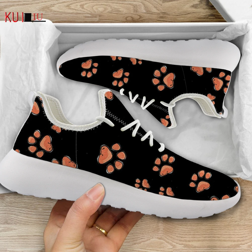 

KUILIU Women Flats Casual Sneakers Spring/Autumn Ladies Air Mesh Breathable Soft Cartoon Footprint Sketch Shoes Custom Dropship