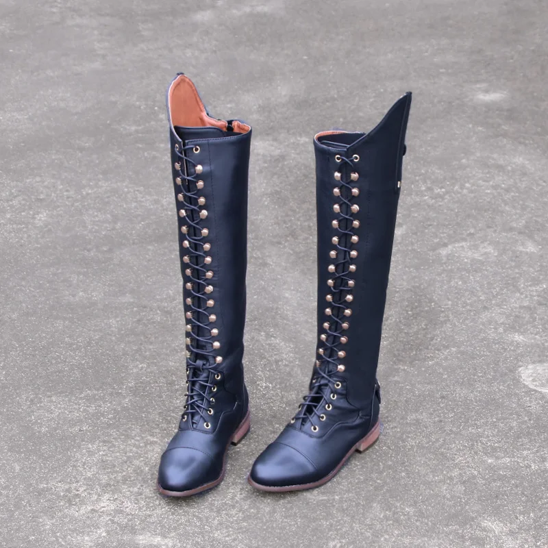 spesifikasi Sepatu Bot Wanita Kulit Barat Sepatu Bot Tinggi Lutut Musim Gugur Berkendara Baru Sepatu Wanita Mode Berenda Coklat Hitam Sepatu Bot Panjang Hak Rendah 2021
