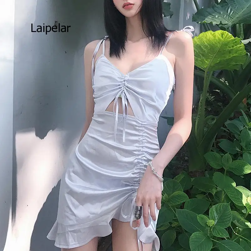

Sexy Summer Autumn Irregular Drawstring Pleated Nightclub Party Hollow Out Short Women Dress
