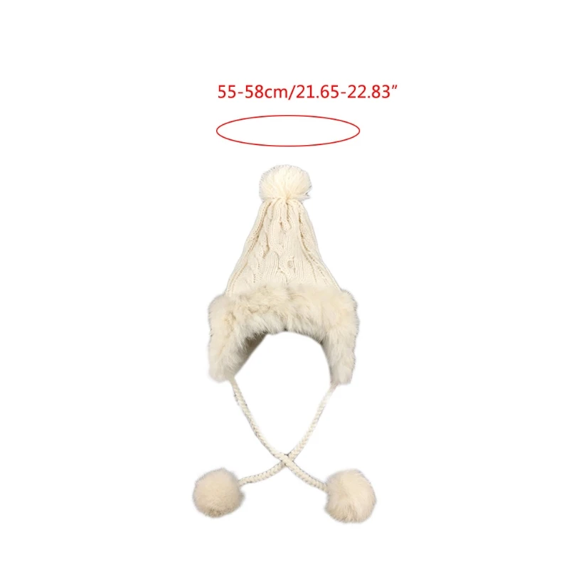 

Women Winter Cable Knitted Trapper Hat Fluffy Plush Trim Thick Faux Fleece Lining Snow Ski Windproof Thermal Warm Pom Pom