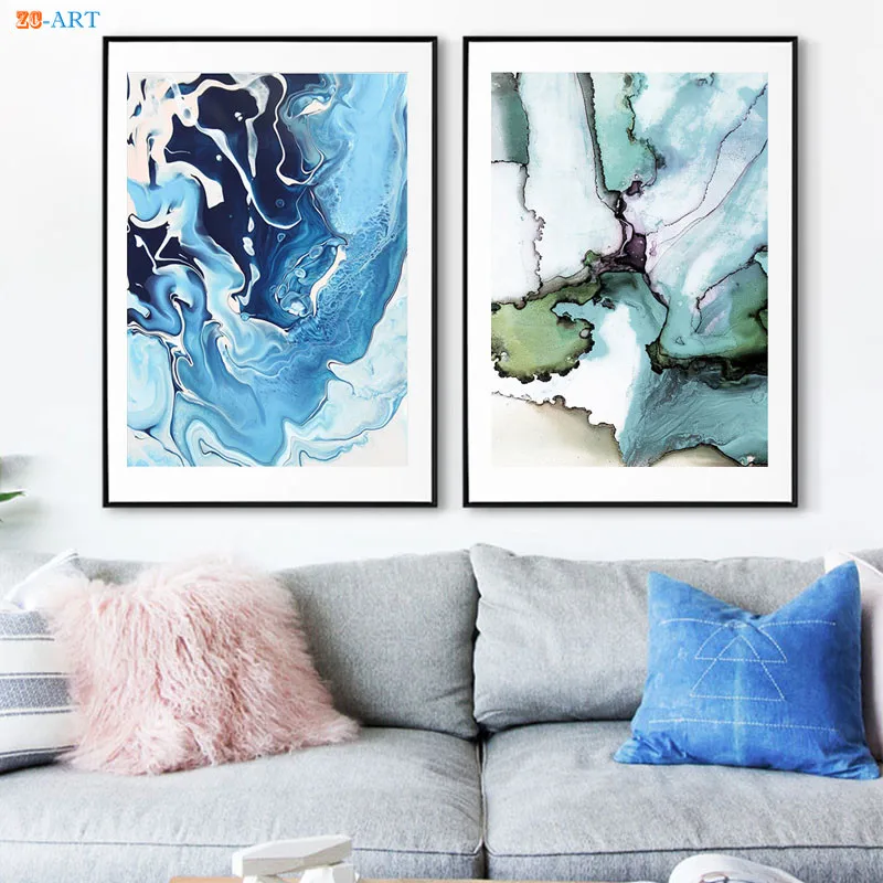 Голубая настенная мраморная печать абстрактная Акварельная живопись холст Агат