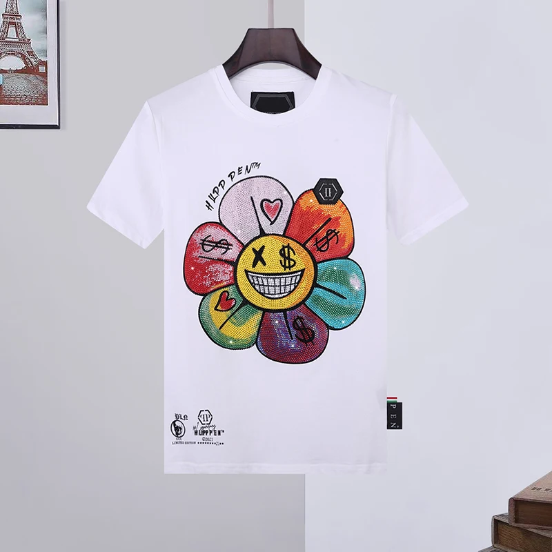 

Special Office QP Philipp Plein Brand T-shirt Flower Smile Face Pattern Diamond Men Summer Pp Trend Slim Large Flower Shirts