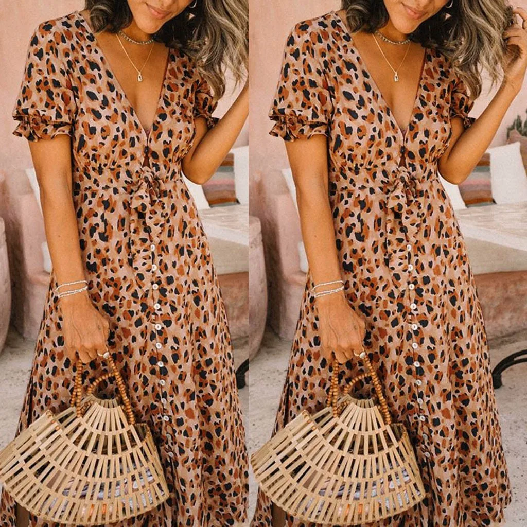 Женское винтажное платье с цветочным принтом длинное пляжное поясом V-образным