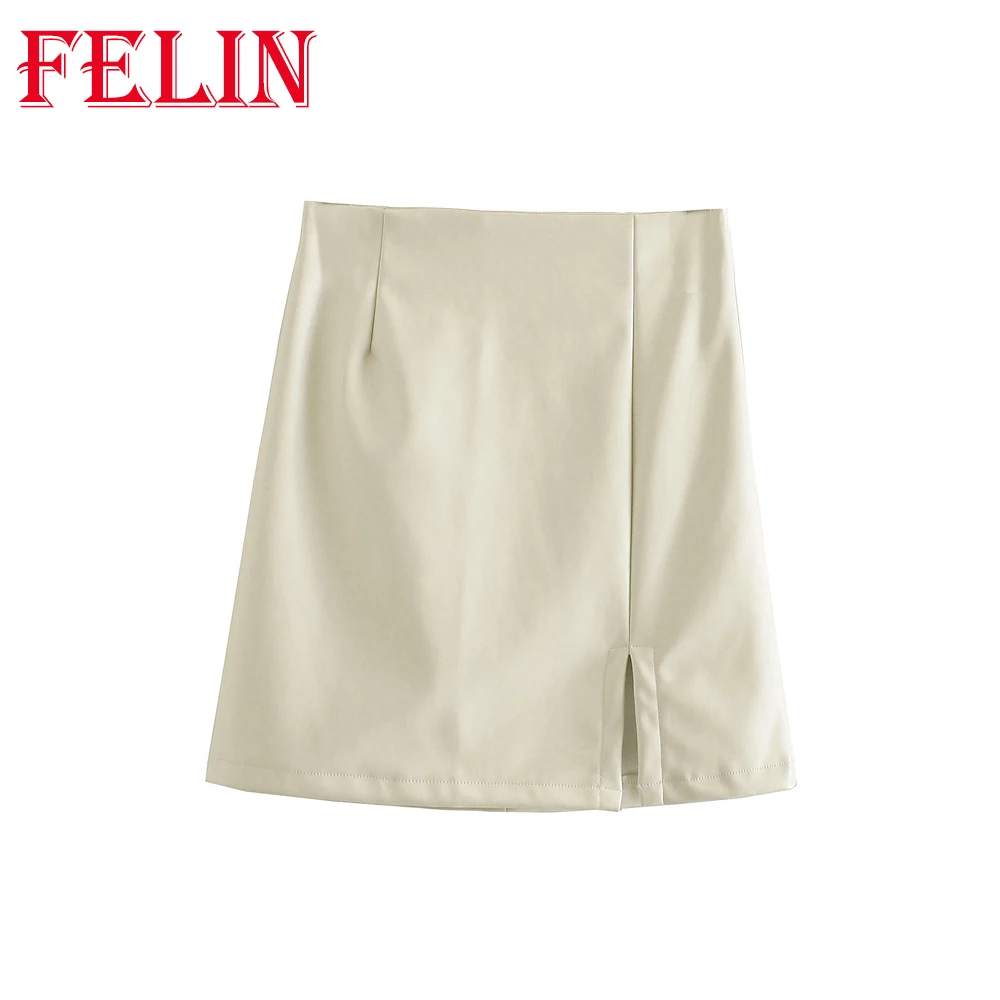 

FELIN Za 2021 Women's Skirt Vintage White PU Leather Skirt High Waist Undefined Drapped Girls Office Wear Mujer Falda corta